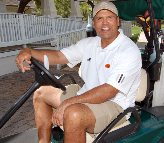 Ex-Cincinnati Bengals offensive lineman Anthony Mu&ntilde;oz en route to the first tee box at the Jason Taylor Foundation's Celebrity Golf Event at Grande Oaks.