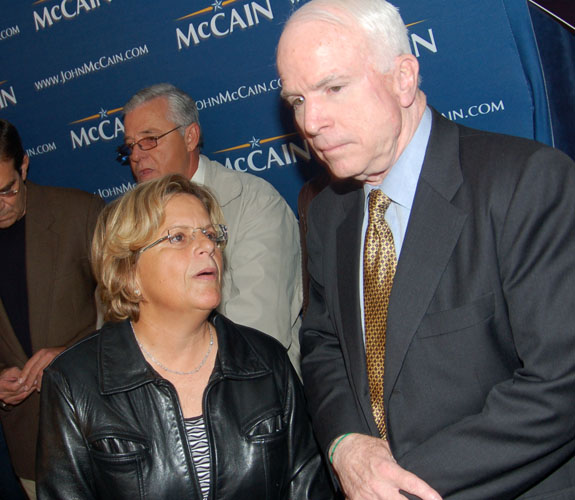 U.S. Representative Ileana Ros-Lehtinen and Sen. John McCain at a Republican campaign rally at Caf&eacute; Versailles in Little Havana.